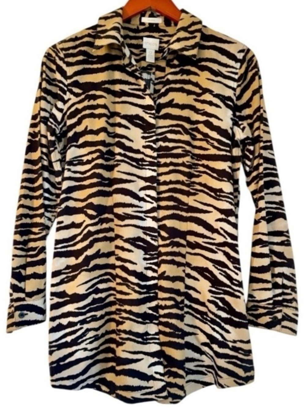 Chico’s No-Iron Big Cat Leopard Print Long Sleeve Mobwife Tunic Size 4